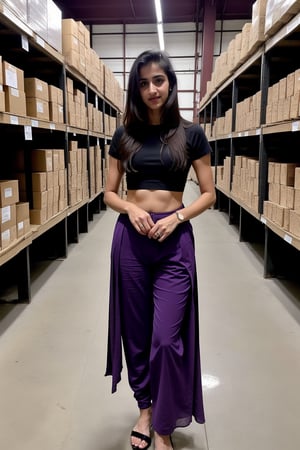 Lovely cute hot Disha patani, acute an Instagram model 22 years old, full-length, long blonde_hair, black hair, no smiley face, winter,standing on a In the schematic factory road, Selfie with friends,Indian, wearing a purple color Churidar, black Lengis pants 