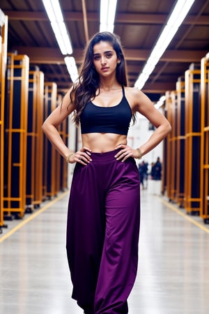 Lovely cute hot Disha patani, acute an Instagram model 22 years old, full-length, long blonde_hair, black hair, no smiley face, winter,standing on a In the schematic factory, Indian, wearing a purple color full Churidar, black Lengis pants 