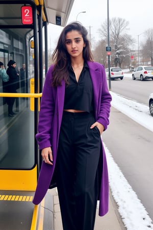 Lovely cute hot Disha patani, acute an Instagram model 22 years old, full-length, long blonde_hair, black hair, no smiley face, winter,standing on a bus stop, Indian, wearing a purple color full kurti, black Lengis pants 