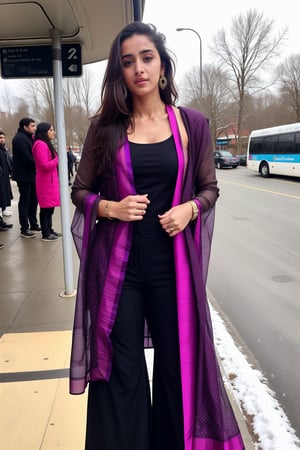 Lovely cute hot Disha patani, acute an Instagram model 22 years old, full-length, long blonde_hair, black hair, no smiley face, winter,standing on a bus stop, Indian, wearing a purple color Take a look at this berrylicious Women Kurta Pant Dupatta Set