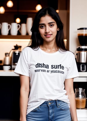 face detection indian actress disha patani an Instagram model 30 years old, halfbody_portrait, long blonde_hair, black hair, winter, on a coffee-house Indian, wearin a White color t-shirt full jeans 
