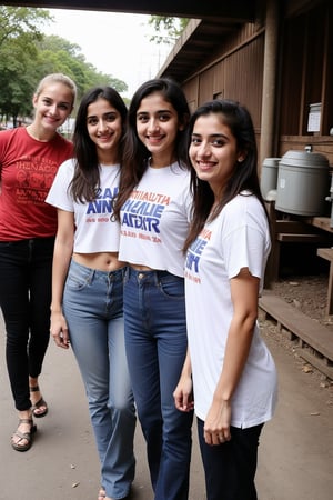 Lovely cute hot Disha patani, acute an Instagram model 22 years old, full-length, long blonde_hair, black hair, no smileyface winter,standing on a In the schematic factory road, Selfie with friends,Indian, wearing a purple color full t-shirt, jeans pants 
