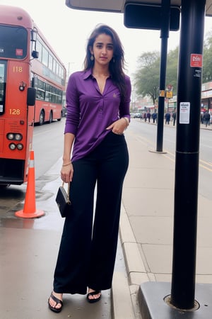 Lovely cute hot Disha patani, acute an Instagram model 22 years old, full-length, long blonde_hair, black hair, no smiley face, winter,standing on a bus stop, Indian, wearing a purple color full kurti, black Lengis pants 