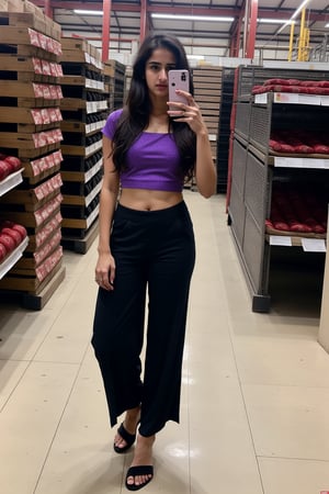 Lovely cute hot Disha patani, acute an Instagram model 22 years old, full-length, long blonde_hair, black hair, no smiley face, winter,standing on a In the schematic factory road, Selfie with friends,Indian, wearing a purple color Churidar, black Lengis pants 