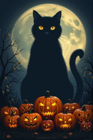 A giant black cat among pumpkins — a huge shadow of a black cat is visible against the background of a full moon, its eyes glow in the dark. She is surrounded by arranged pumpkins with sly, beaming faces