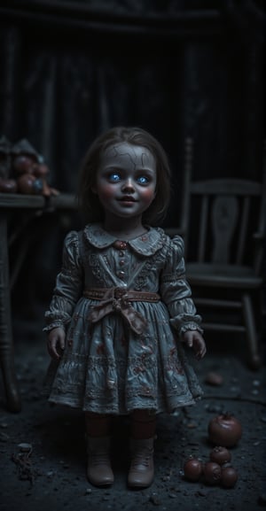 Mid-body shot of a possessed doll, her once-lovely porcelain face now cracked, with an eerie smile painted on her lips. Her eyes seem to follow the viewer, glowing faintly in the dim light. She’s dressed in a frilly, Victorian-style dress, and her small, dainty hands are stained red. The background shows a dark attic with dusty, forgotten toys strewn about, and an old rocking chair sits ominously in one corner. The atmosphere is thick with dust and dread, as if time itself has frozen in this eerie place.,GothicGrace,ek_ph0t0_b00ster,Midjourney_Whisper