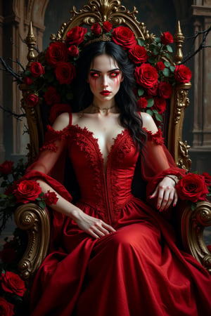  close-up of a beautiful vampire queen seated on an ornate throne, wearing a striking red dress that flows elegantly around her. She is surrounded by crimson roses, with dark, thorny vines subtly woven into the background. Her human-like face is pale, framed by dark hair, with crimson tears streaking down her cheeks. Her eyes are intense, glowing slightly with a mesmerizing, supernatural light. The gothic setting is enhanced by candlelight and shadows, while subtle Halloween elements, such as faint skull motifs and wisps of fog, blend into the scene. Her throne is adorned with intricate, neogothic carvings, and the atmosphere is steeped in dark fantasy, with a haunting yet regal aura, complete with a slight hint of horror in the air