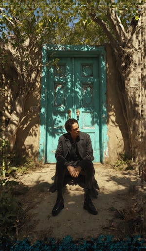 !mj1 A man sitting alone in a moody, contemplative pose, illuminated by dappled sunlight filtering through tree branches, casting intricate shadows on a weathered teal door behind him. The scene evokes a sense of solitude and introspection, with a warm, golden hour light adding a nostalgic touch. The man has a thoughtful expression, dressed in dark, casual attire, reminiscent of a classic 20th-century photograph, with soft focus and grainy texture --ar 9:16