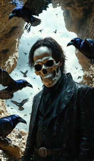 A surreal and haunting scene of a man wearing a mask skull, with ravens flying around him. , with shadows and highlights emphasizing the depth of the hollow eye sockets. . The background is dark and atmospheric, with subtle hints of a cave or ancient burial site. The image is captured in a hyper-realistic style, with attention to texture and lighting. The overall mood is eerie and otherworldly, evoking themes of death, decay, and the macabre --ar 9:16,Midjourneyart