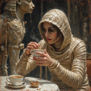 a mummy drinking hot coffe, at cafe, near sphinx statue, full body, by .M. Barrie,sacrifices, serenity, pixie dust , atmospheric,  faerie., (concept art illustration), (Wassily Kandinsky), (wabi-sabi:1.4), highly detailed, minimalist style, subtle brushwork,shabby chic,,fine art,epic, Giovanni Boldini, William Blake, (Elsa Beskow:1.2), (Léon Bakst:1.3), haute-couture, insane details, 


