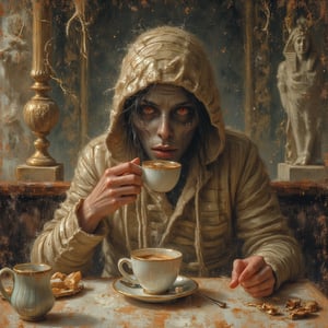 a scary face mummy drinking hot coffe, at cafe, near sphinx statue, full body, by .M. Barrie,sacrifices, serenity, pixie dust , atmospheric,  faerie., (concept art illustration), (Wassily Kandinsky), (wabi-sabi:1.4), highly detailed, minimalist style, subtle brushwork,shabby chic,,fine art,epic, Giovanni Boldini, William Blake, (Elsa Beskow:1.2), (Léon Bakst:1.3), haute-couture, insane details, 


