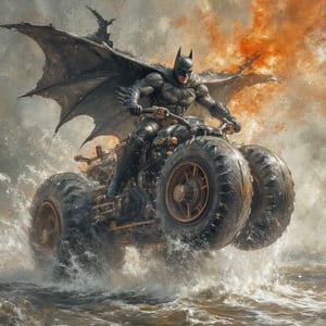  (batman futuristic costume) riding batmotor with giant wheels, heavy water flood, orange yellow smoke, grey metalic background,   simple line art, very minimalistic, minimalist illustration, watercolor, uhd, ultra detailed, ultra smooth,  dramatic, moody, dark, best quality, cinematic movie poster,full body, masterpiece, by Arthur rackham, .M. Barrie,sacrifices, serenity, pixie dust , atmospheric, faerie., (concept art illustration), (Wassily Kandinsky), (wabi-sabi:1.4), highly detailed, minimalist style, subtle brushwork,shabby chic,,fine art,epic, Giovanni Boldini, William Blake, (Elsa Beskow:1.2), (Léon Bakst:1.3), haute-couture, insane details,ArsMJStyle, 