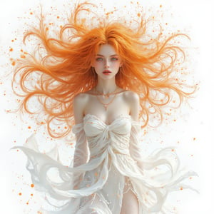 Elegant girl pose in a dynamic composition, white splashed paint background. Her full-body figure is rendered in minimalist simple line art style with intricate details. yellow orange swirling hair, She wears stunning white clothes that contrast beautifully with bold color palette. The scene is illuminated by volumetric cinematic lighting, creating a realistic and detailed atmosphere reminiscent of  Sarah Creswell's, Pino Daeni's, and Enki Bilal's works. A masterpiece in watercolor-inspired UHD resolution with Ultra detail and smoothness.