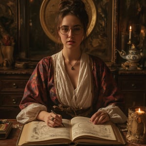 Majestic depiction of a bespectacled female astrologer seated amidst a richly ornate, medieval manuscript-inspired setting. Soft candlelight illuminates her gentle hands as she meticulously transcribes celestial knowledge onto parchment, adorned with intricate, Gustave Moreau-esque illustrations. The subject's serene expression and flowing robes evoke an air of mystique, while the extreme attention to detail in every fold, texture, and embellishment elevates this masterpiece to a work of unparalleled beauty and aesthetic.