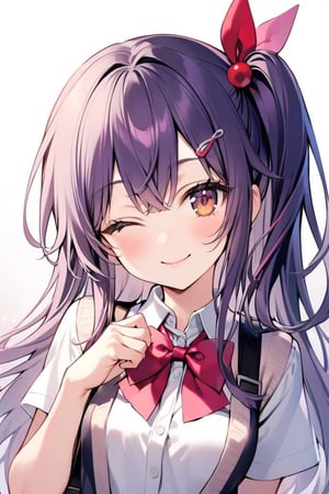 1girl, solo, long hair, looking at viewer, smile, hair ornament, bow, brown eyes, school uniform, upper body, purple hair, one eye closed, hairclip, bowtie, red bow, side ponytail, hair bobbles, pink bow, 