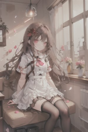 1girl, solo, long hair, brown hair, hair ornament, red eyes, thighhighs, dress, sitting, flower, frills, petals, window, rose, curtains, fishnets, fishnet pantyhose, fishnet thighhighs