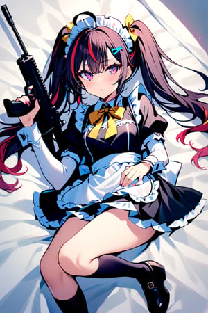 1girl, solo, long hair, looking at viewer, bangs, skirt, shirt, hair ornament, long sleeves, bow, holding, twintails, closed mouth, lying, maid, full body, weapon, ahoge, red hair, multicolored hair, shoes, hairclip, bowtie, pink eyes, bag, holding weapon, streaked hair, gun, plaid, kneehighs, black socks, holding gun, rifle, yellow bow,
