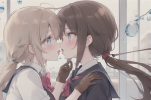 long hair, blush, blue eyes, multiple girls, brown hair, red eyes, gloves, 2girls, twintails, school uniform, yuri, looking at another, bubble, saliva trail, imminent kiss