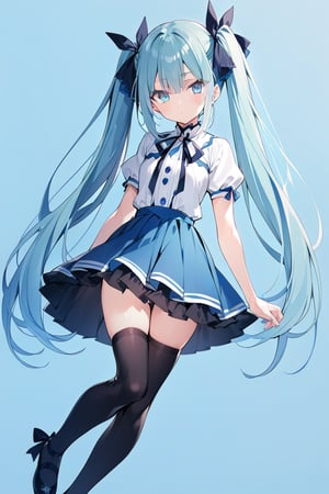 1girl, solo, long hair, blue eyes, skirt, simple background, thighhighs, dress, ribbon, twintails, very long hair, blue hair, hair ribbon,zettai ryouiki, legs, aqua hair,