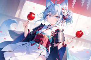 1girl, solo, blue eyes, hair ornament, blue hair, ahoge, food, japanese clothes, armor, mask, japanese armor, fox mask, sode, candy apple