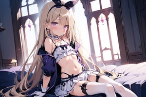 1girl

solo

long hair

blush

blonde hair

hair ornament

thighhighs

gloves

ribbon

navel

jewelry

sitting

very long hair

purple eyes

flower

hairband

frills

open clothes

necklace

flat chest

white thighhighs

garter belt

hair censor

pearl necklace

pearl \(gemstone\)

indoor

castle