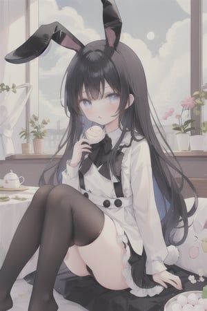 1girl, solo, long hair, black hair, thighhighs, animal ears, sitting, food, black thighhighs, rabbit ears, window, moon, wagashi, mochi, buuny