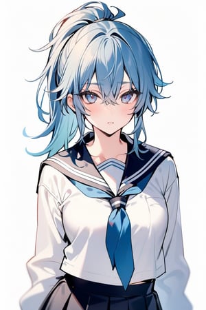 1girl, solo, looking at viewer, blue eyes, simple background, white background, school uniform, blue hair, ponytail, serafuku, genderswap, genderswap \(mtf\)