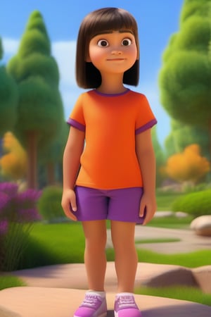 Create an image of a young girl with a friendly expression, dark brown hair cut into a bob with bangs, wearing an orange t-shirt and purple shorts. The background should resemble a simple, animated outdoor environment with bright colors, such as green trees and blue skies. Her facial features should be simplified, cartoon-like, with large expressive eyes, and she should be standing confidently with a backpack on her shoulders, similar to an explorer