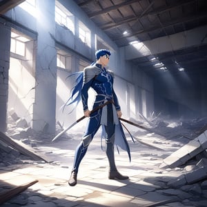 Cú Chulainn stands in a dilapidated warehouse, with dramatic lighting casting shadows on the cracked walls and debris scattered around. The composition frames him in a dynamic pose, emphasizing his rugged presence amidst the decay. His attire and weapons are detailed, contrasting with the worn environment.