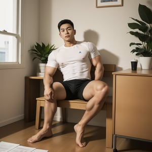 
solo, looking at viewer, short hair, shirt, black hair, 1boy, white shirt, male focus, shorts, barefoot, indoors, feet, book, toes, soles, bottle, t-shirt, realistic ,a medium-sized Asian man, wearing a white short-sleeved t-shirt, is seated on a bed with his legs crossed. His feet are crossed in front of him, resting on a wooden desk. The desk is adorned with a stack of papers, a container of coffee, and a few other objects. The man's gaze is directed towards the right side of the frame, while his left foot rests on a white napkin, adding a touch of warmth to the scene. The backdrop, a window with a metal railing, is visible through the window. Through the window, a view of trees can be seen.