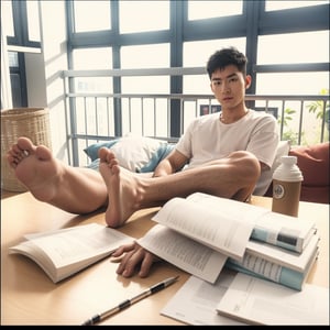 
solo, looking at viewer, short hair, shirt, black hair, 1boy, white shirt, male focus, shorts, barefoot, indoors, feet, book, toes, soles, bottle, t-shirt, realistic ,a medium-sized Asian man, wearing a white short-sleeved t-shirt, is seated on a bed with his legs crossed. His feet are crossed in front of him, resting on a wooden desk. The desk is adorned with a stack of papers, a container of coffee, and a few other objects. The man's gaze is directed towards the right side of the frame, while his left foot rests on a white napkin, adding a touch of warmth to the scene. The backdrop, a window with a metal railing, is visible through the window. Through the window, a view of trees can be seen.