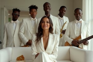 long shot, beautiful young European woman smiling and sitting on white sofa, right behind the sofa are five African American jazzmen in white tuxedos with musical instruments and looking at the girl