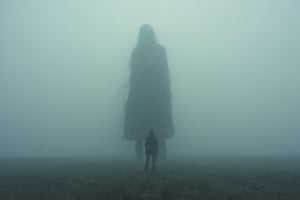  on the horizon in the fog a giant girl spread her legs apart