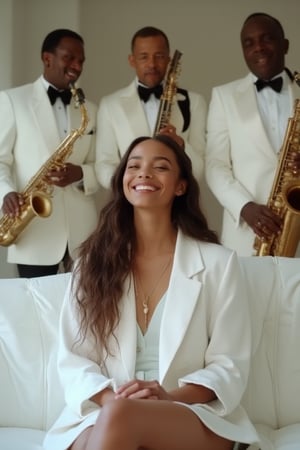 long shot, beautiful young woman smiling and sitting on white sofa, behind sofa stand four African American jazzmen in white tuxedos with musical instruments and look at girl