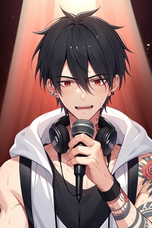 On stage, spotlight, holding a microphone, singing, dynamism, sweat,
.,score_9,score_8_up,score_7_up,score_6_up,score_5_up,score_4_up,source_anime,BREAK,yumeoi kakeru,black hair,hair between eyes,red eyes,arms tattoo,ear pierces,headphone on neck