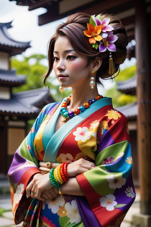 a woman stands with her arms outstretched, her head tilted slightly to the left. She is dressed in a colorful kimono, adorned with a variety of vibrant colors, including red, yellow, green, blue, orange, and purple. She has a necklace of pearls around her neck, adding a touch of charm to her outfit. Her hair is a vibrant shade of brown, and she is wearing a bracelet on her left wrist. The background is a stark white, creating a stark contrast to the woman's outfit.