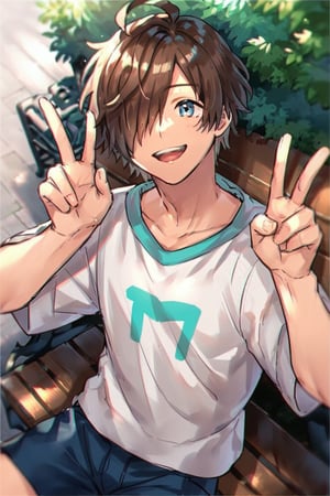 BREAK, 1boy, male focus, looking at viewer, close up, from above, smile, open mouth, hands up, peace sign, park, sitting on bench
,NAKAMU,Light blue eyes,brown hair,hair over one eye,score_9,score_8_up,score_7_up,score_6_up,score_5_up,score_4_up,source_anime