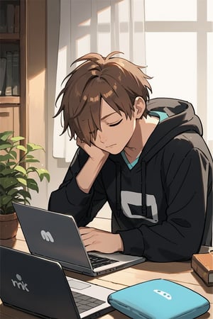 a man in a sleeping with his eyes closed. His left hand is resting on the table, while his right hand rests on the laptop. The laptop is on the left side of the image, resting on a light brown wooden table. The backdrop is a Warm wood-grained walls. The curtains of a nearby window are swaying in the wind.
BREAK,score_9,score_8_up,score_7_up,score_6_up,score_5_up,score_4_up,source_anime,Light blue eyes,brown hair,hair over one eye,NKM,hoodie