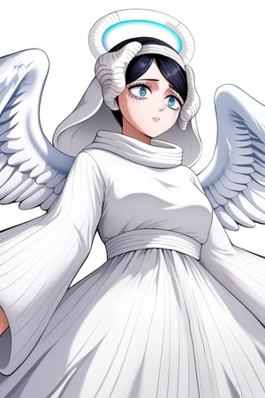 score_9, score_8_up, score_7_up, score_6_up, Masterpiece, best quality, high quality, highres, 4k, BREAK, 

1girl, Paladin Sister Lily, black hair, blue eyes, wings, white dress, halo, white footwear, wings, angel, horns, ((white veil, white hooded robe, hooded robe)):1, 

, cowboy shot,  upper body, 
, ((White background, blank background)):1,source_anime