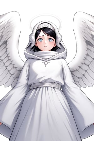 score_9, score_8_up, score_7_up, score_6_up, Masterpiece, best quality, high quality, highres, 4k, BREAK, 

1girl, Paladin Sister Lily, black hair, wings, white dress, halo, white footwear, wings, angel, horns, ((white veil, white hooded robe, hooded robe)):1, 

, cowboy shot,  upper body, 
, ((White background, blank background)):1,source_anime