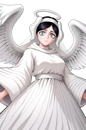 score_9, score_8_up, score_7_up, score_6_up, Masterpiece, best quality, high quality, highres, 4k, BREAK, 

1girl, Paladin Sister Lily, black hair, blue eyes, wings, white dress, halo, white footwear, wings, angel, horns, ((white veil, white hooded robe, hooded robe)):1, mole_under_eye, face marks, facial markings, facial mark, 

, cowboy shot,  upper body, 
, ((White background, blank background)):1,source_anime