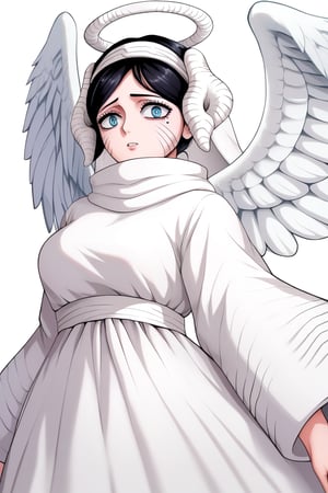 score_9, score_8_up, score_7_up, score_6_up, Masterpiece, best quality, high quality, highres, 4k, BREAK, 

1girl, Paladin Sister Lily, black hair, blue eyes, wings, white dress, halo, white footwear, wings, angel, horns, ((white veil, white hooded robe, hooded robe)):1, mole_under_eye, face marks, facial markings, 

, cowboy shot,  upper body, 
, ((White background, blank background)):1,source_anime