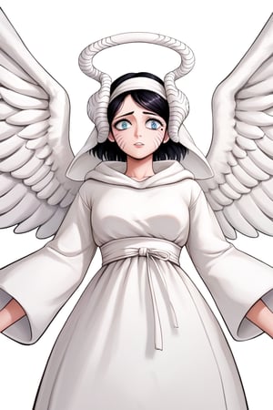 score_9, score_8_up, score_7_up, score_6_up, Masterpiece, best quality, high quality, highres, 4k, BREAK, 

1girl, Paladin Sister Lily, black hair, blue eyes, wings, white dress, halo, white footwear, wings, angel, horns, ((white veil, white hooded robe, hooded robe)):1, mole_under_eye, face marks, facial markings, facial mark, 

, cowboy shot,  upper body, 
, ((White background, blank background)):1,source_anime