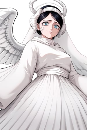 score_9, score_8_up, score_7_up, score_6_up, Masterpiece, best quality, high quality, highres, 4k, BREAK, 

1girl, Paladin Sister Lily, black hair, blue eyes, wings, white dress, halo, white footwear, wings, angel, horns, ((white veil, white hooded robe, hooded robe)):1, mole_under_eye, face marks, facial markings, facial mark, 

, cowboy shot,  upper body, 
, ((White background, blank background)):1,source_anime