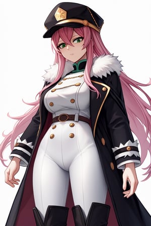 score_9, score_8_up, score_7_up, score_6_up, Masterpiece, best quality, high quality, highres, 4k, BREAK, 
1girl, princia, pink hair, long hair, green eyes, white uniform,  white skirt, white pants,  black military cap, white fur trim, black thigh high boots, black jacket, cape, coat, belt, buttons,  black military hat, 



, solo, 

, 

,((white background, blank background)):1.4
,Princia