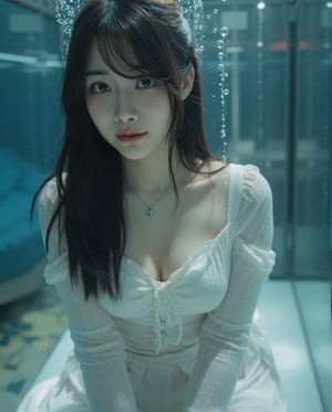 Masterpiece, 8k, HDR, 3D, best quality, photography, analog style, real life, extremely beautiful, highly detailed, intricately detailed, alluring eyes.

In the center of the scene is a stunning Asian woman (1girl) with long black hair, her voluptuous figure emphasized by her full chest and narrow waist. She smiles gracefully as she floats underwater, her elegant silhouette illuminated by soft, filtered light through the water. Her dress flows weightlessly around her, adding to the serene, dreamlike atmosphere. Tiny bubbles rise around her, and reflections dance on the surface, enhancing the ethereal, magical quality of the underwater world.