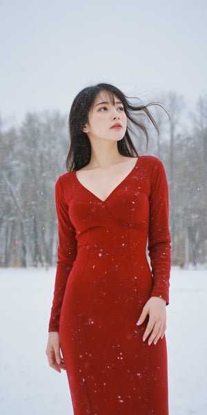 A young woman stands under a blanket of snowflakes gently falling from the gray winter sky. She wears a tight-fitting red dress, her long hair blowing in the gentle breeze as she gazes upwards, lost in thought. The camera frames her from the waist up, with the snowy landscape blurred behind her.,Film Photography