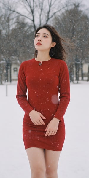 A young woman stands under a blanket of snowflakes gently falling from the gray winter sky. She wears a tight-fitting red dress, her long hair blowing in the gentle breeze as she gazes upwards, lost in thought. The camera frames her from the waist up, with the snowy landscape blurred behind her.,Film Photography