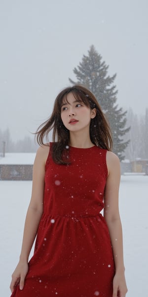 A young woman stands under a blanket of snowflakes gently falling from the gray winter sky. She wears a tight-fitting red dress, her long hair blowing in the gentle breeze as she gazes upwards, lost in thought. The camera frames her from the waist up, with the snowy landscape blurred behind her.