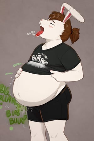 Male white fur rabbit with street clothes and big bunny ears ((wearing black shorts)), (round belly),(drinking soda) , (digesting soda) , (bloated) (rubbing belly) (white belly) (belching, burping, rumbling belly) (overstuffed) (going to burst) (about to pop)